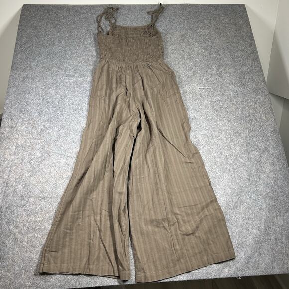 American Eagle Bella Jumpsuit Small Wide Leg Brown Striped Cotton Tie Straps - Picture 10 of 11